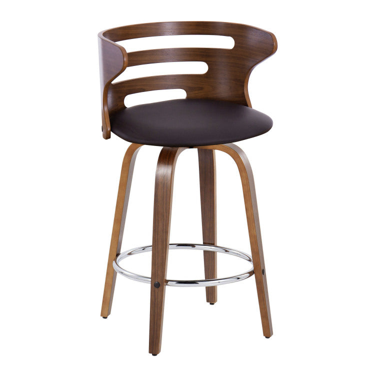 26" Mid Century Modern Fixed Height Barstool With Swivel In Walnut Wood And Brown Faux Leather With Round Chrome Metal Footrest Set Of 2