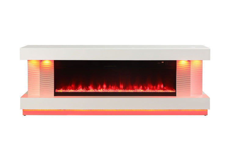 Contemporary Style Tv Stand Electric Fire Place W Heater Included Fahrenheit & Celsius Display White Finish Primary Living Room