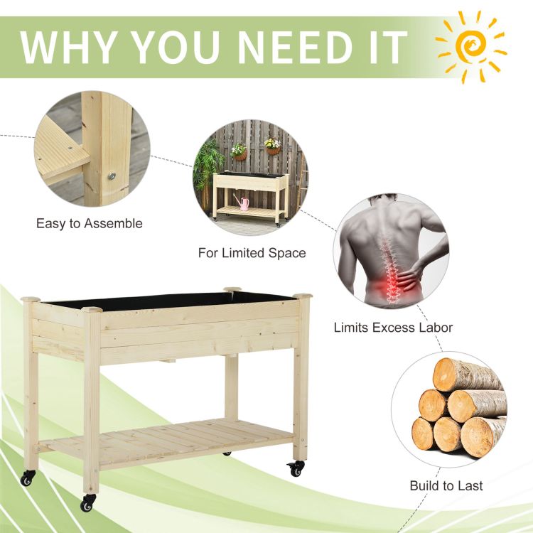 Outsunny Raised Garden Bed, 47" X 22" X 33", Elevated Wooden Planter Box W Lockable Wheels, Storage Shelf, And Bed Liner For Backyard, Patio, Natural