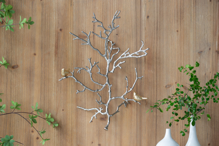 17X5.5X22" Metal Branch Wall Sculptures With Bird Accents, Set Of 2