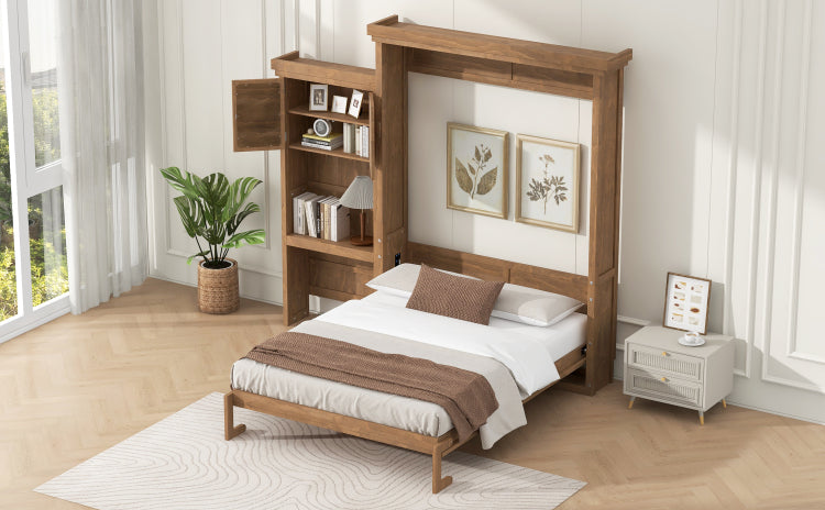 Queen Size Murphy Bed With Multiple Storage Shelves And Louvered Style Decoration, Wood Color