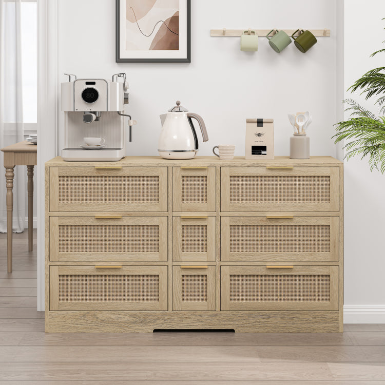 51.2 "Rattan Locker With Drawers, 9 Drawers, Metal Handles For Kitchen, Living Room, Bedroom Natural