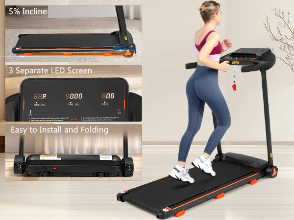 Treadmills For Home, 2.5Hp Quiet Folding Treadmill With Heart Rate Sensor, 300Lbs Weight Capacity, 7.5Mph, Incline Treadmill With Usb Charge Station For Android & Bluetooth Speaker, 6 Shock