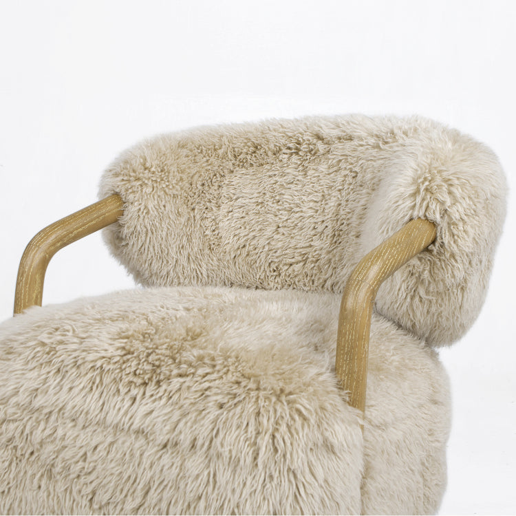 Becker 33" Rustic Oak Sheepskin Upholstered Accent Arm Chair, Taupe Beige Genuine Fur