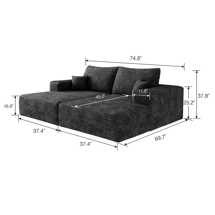 74.8" Modern Sofa Bed With Dual Sleeper, Lounger For Moviebonus Room,No Assembly Required,Black Plush Corduroy Fabric