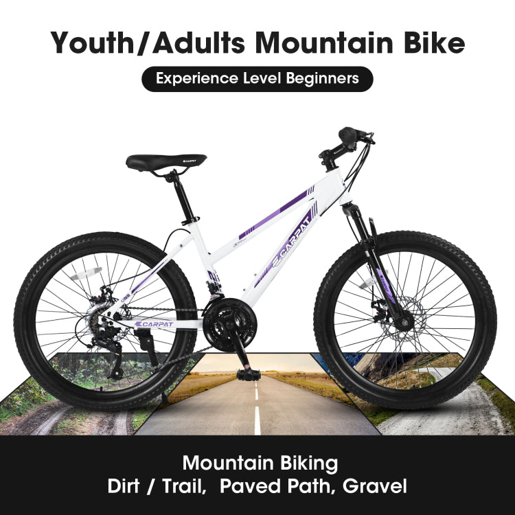 S24103 24 Inch Mountain Bike For Teenagers Girls Women, Shimano 21 Speeds With Dual Disc Brakes And 100Mm Front Suspension, White Pink