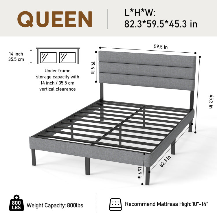 Queen Size Upholstered Platform Bed Frame With Headboard, No Box Spring Needed, 14'' Underbed Storage