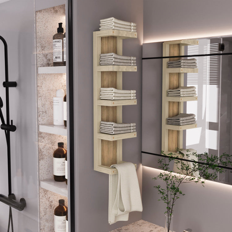 Arlington 5 Tier Wall Towel Rack, Vertical Storage Organizer For Bathroom Towels And Accessories, Natural Oak