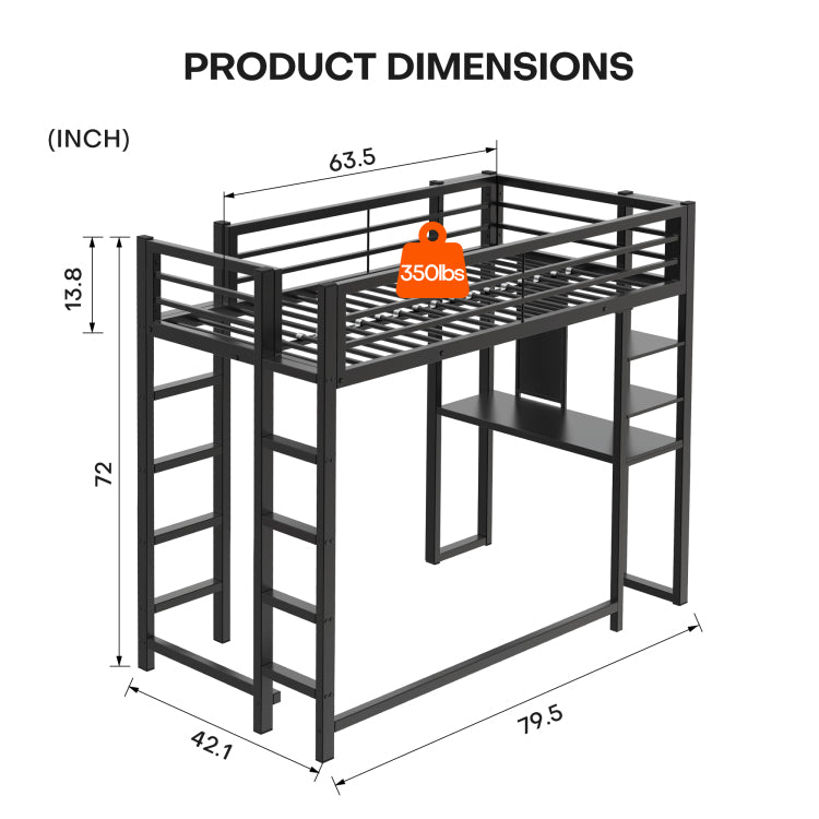 Loft Bed With Desk, Metal Loft Bed Twin Size, Loft Bed Frame With Desk And Storage Compatible With Boys Girls Teens, Black Bedroom Bed Frame