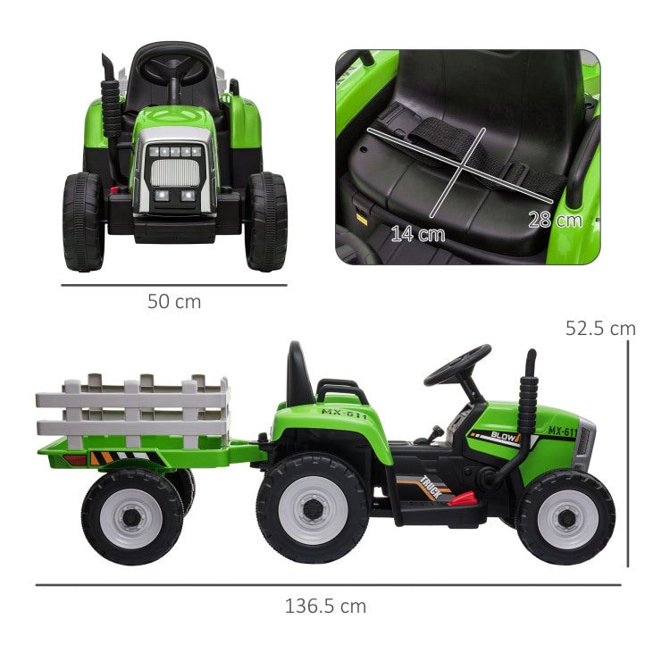 Aosom 12V Ride On Tractor With Trailer, 25W Dual Motors, Battery Powered Electric Tractor With Remote Control, Music Startup Sound And Horn, Led Lights, Green