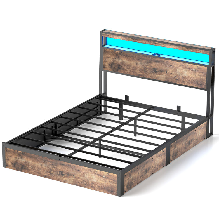 Full Size Rustic Brown Hydraulic Lift Storage Bed Frame Metal Noise Free Structure Rgb Led Lights Usb Type C Charging Station, No Box Spring Needed