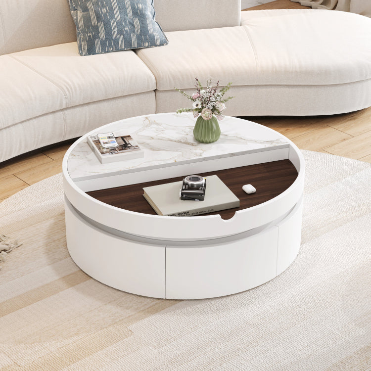 White Round Lift Coffee Table With 1 Drawer In 29.5", Marble Veneer And Wood Grain Tabletop