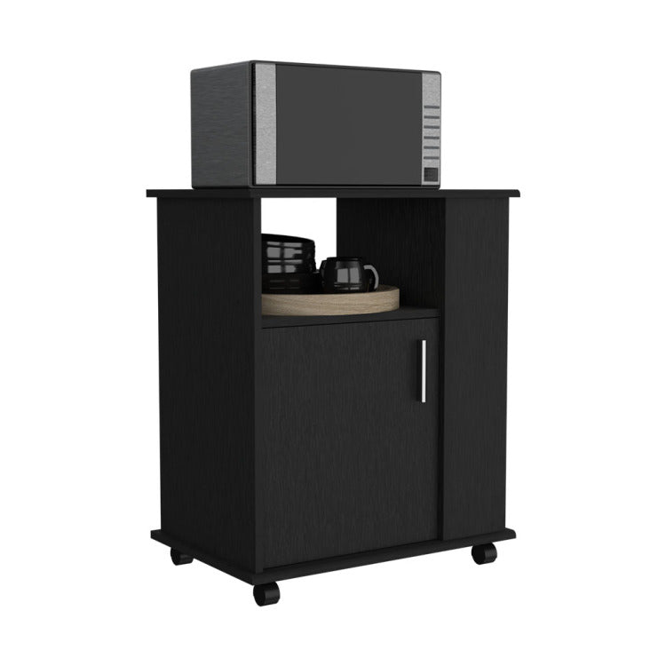 Lower Microwave Pantry 29" H, Single Door Cabinet, One Open Shelf, Three Side Shelves, Black