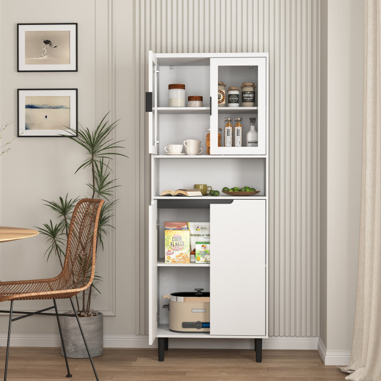 Tempered Glass Door Tall Storage Bookcase With Adjustable Board, 4 Doors Mdf Painting Finished Cabinet, White, Living Room Bedroom Storage