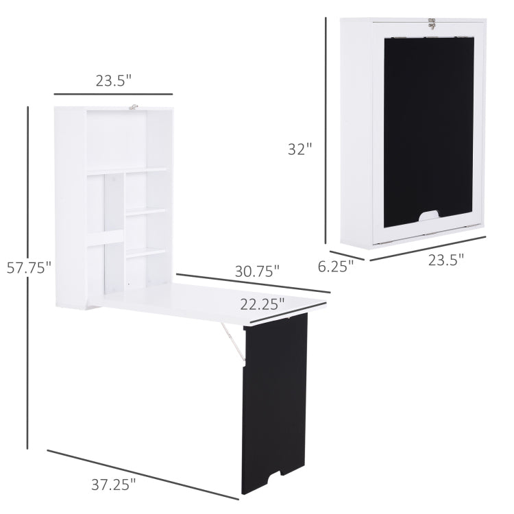 Homcom Wall Mounted Foldable Desk With A Blackboard, Fold Out Convertible Floating Desk With Shelves, White