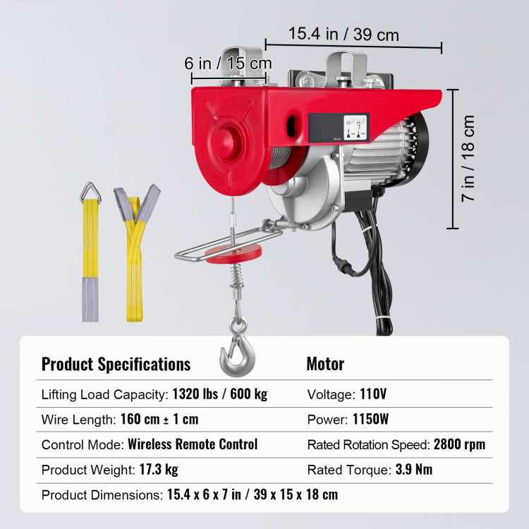 Electric Hoist, 1320 Lbs Lifting Capacity, 1150W 110V Electric Steel Wire Winch With Wireless Remote Control, 40Ft Single Cable Lifting Height & Pure Copper Motor, For Garage Warehouse Factory