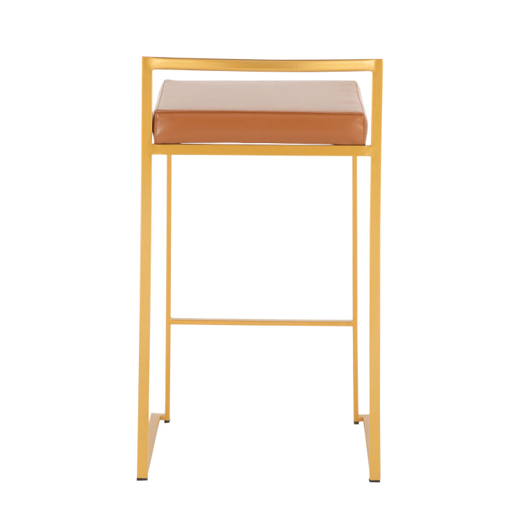 Contemporary Stackable Counter Stool In Gold With Camel Faux Leather Cushion Set Of 2