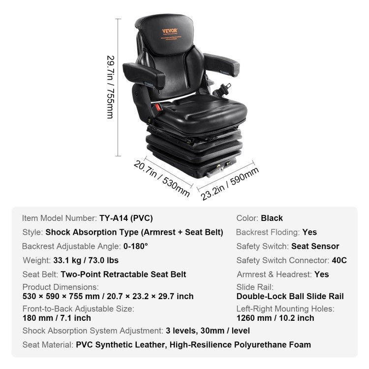 Universal Tractor Seat Suspension, Fold Down Forklift Seat With Adjustable Angle Back, Micro Switch, Seatbelt And Armrests, 3 Level Shock Absorption Tractor Seat For Tractor Loader Excavator