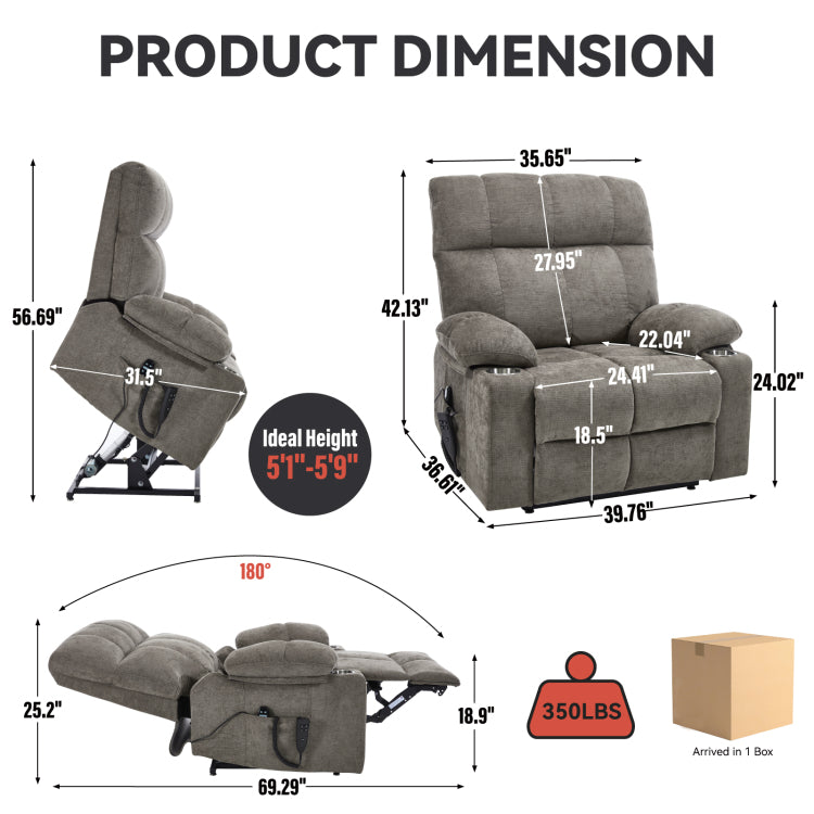 Brown Dual Motor Infinite Position Up To 350 Lbs Chenille Power Lift Recliner Chair, Heavy Duty Motion Mechanism With 8 Point Vibration Massage And Lumbar Heating, Dual Cup Holders
