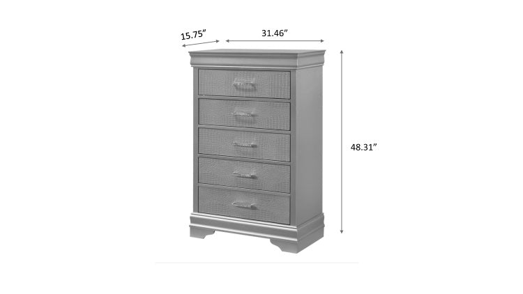 5 Drawer Tall Chest Modern 1Pc Black Finish Solid Wood Wooden Crocodile Texture Crystal Tufted Handle Bedroom Home Furniture
