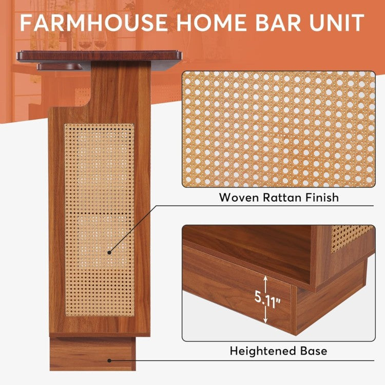 47.24 Inches Farmhouse Caramel Brown Rattan Home Bar Unit, 4 Tier Liquor Cabinet With Stemware Racks For Living Room