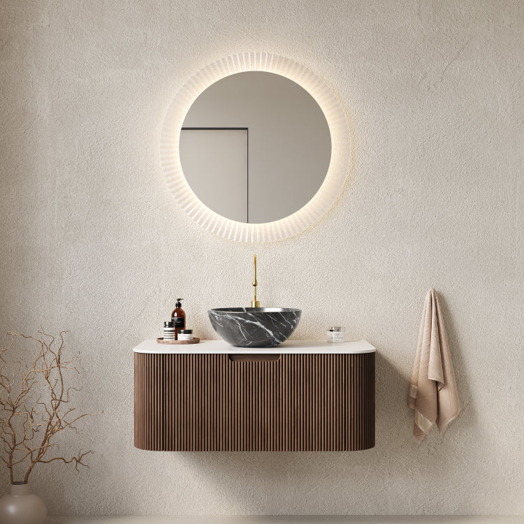 Dina 36" Bathroom Vanity With Sink, Wall Mounted Floating Curved Edges Striped Bathroom Storage Cabinet With Drawer, Black Bowl Ceramic Basin With Stone Pattern, Pre Assembled, Dark Walnut Color