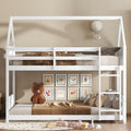 Twin Over Twin House Floor Bunk Bed With Headboards, Footboards And Guardrails, Ladder, Rubber Wood Bunk Bed With Safety Guardrails,White