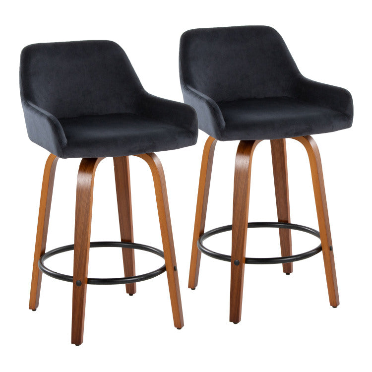 26" Contemporary Fixed Height Counter Stool With Swivel In Walnut Wood And Black Velvet With Round Black Metal Footrest Set Of 2