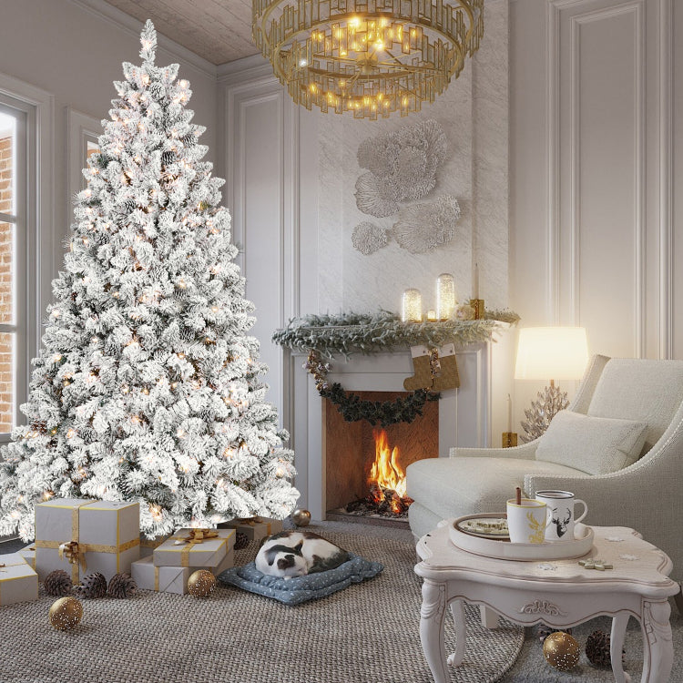 4Ft Flocked Christmas Tree With 150 Ul Lights And 21 Natural Pine Cones Snowy Pvc Tips, 366 Tips, Hinged Structure, Stable Metal Stand, Easy Setup