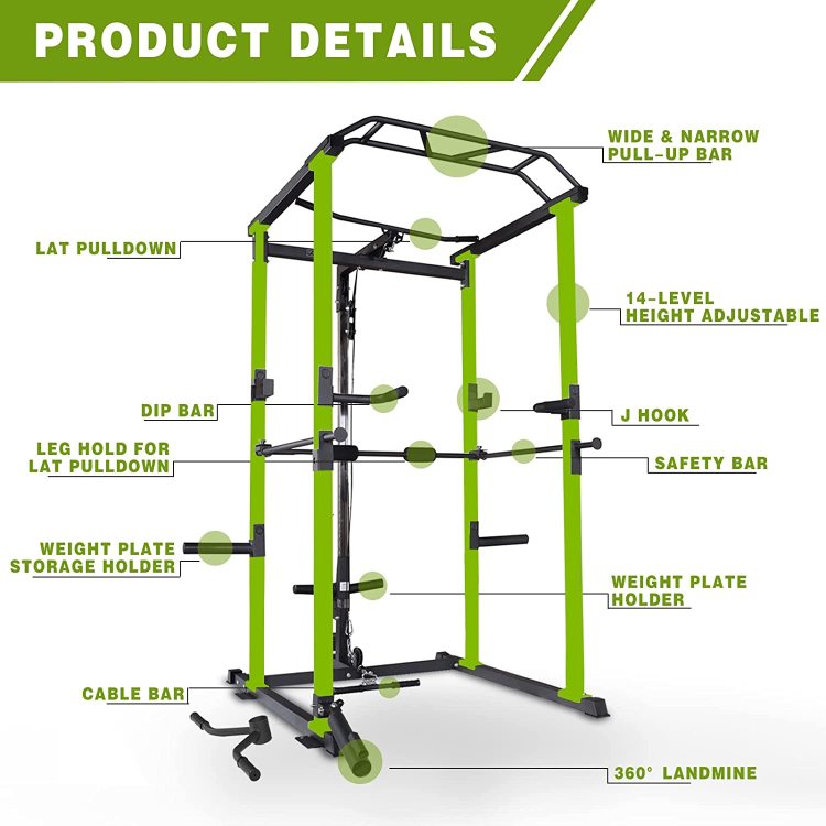 Multi Functional Power Cage, Home Adjustable Pullup Squat Rack 1000Lbs Capacity Comprehensive Fitness Barbell Rack With Gym Accessories 7Ft Olympic Bar