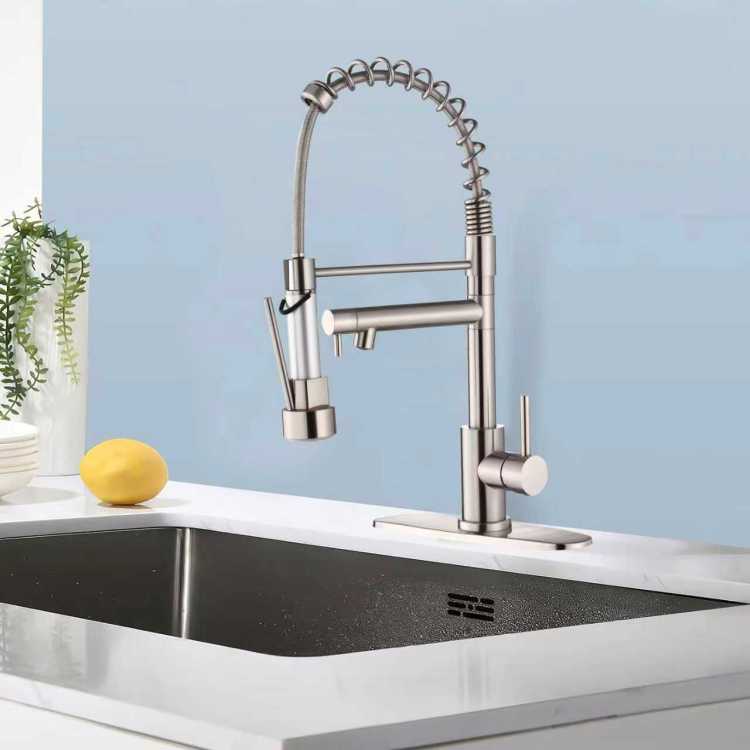 Kitchen Faucet With Pull Down Sprayer, Touch On Single Handle 2 Function Stainless Steel Spring Neck, Single Hole Installation For Residential, Commercial, Rv, Bar & More, Brushed Nickel