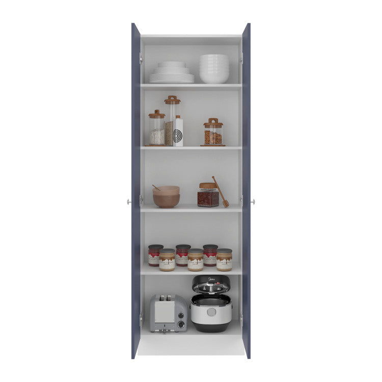 Lambardi Tall Multistorage Cabinet With Double Door, Five Shelves, Freestanding Kitchen Or Laundry Room Storage Cabinet, Navy Blue And White
