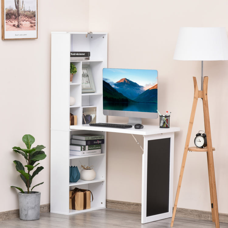 Homcom Fold Out Convertible Writing Table Wall Mount Desk Cabinet With Blackboard And Side Shelf Multi Function Home Office Workstation, White