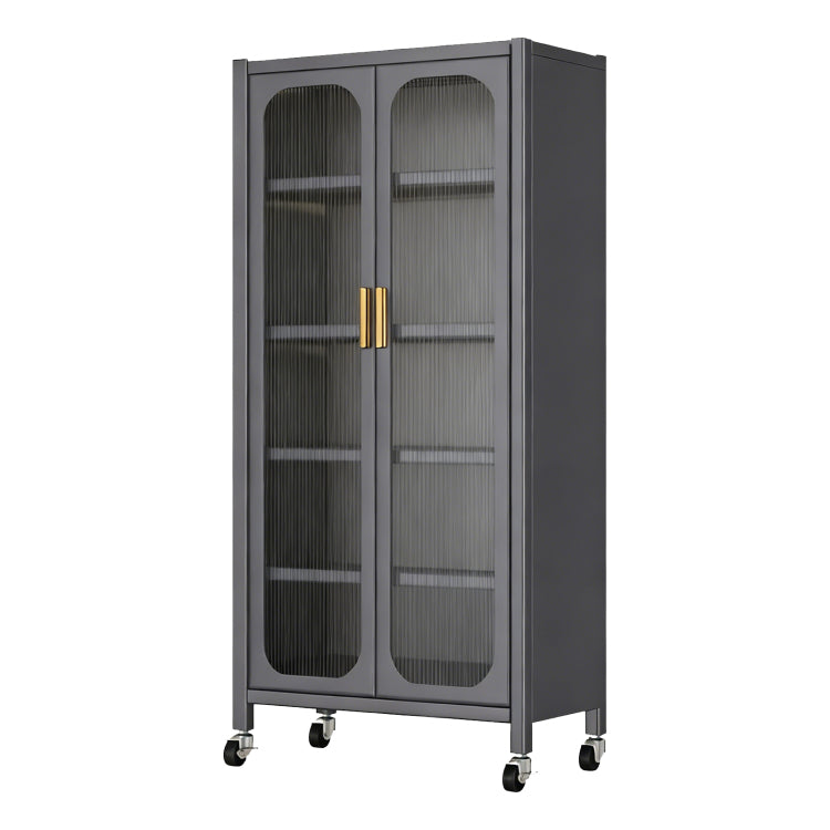 65" Kitchen Pantry Storage Cabinet, 6 Tier Metal Display Storage Cabinet With Transparent Door, Adjustable Shelves & Wheels, Food Pantries Cabinets, For Kitchen, Living Room And Dining Room, Gray