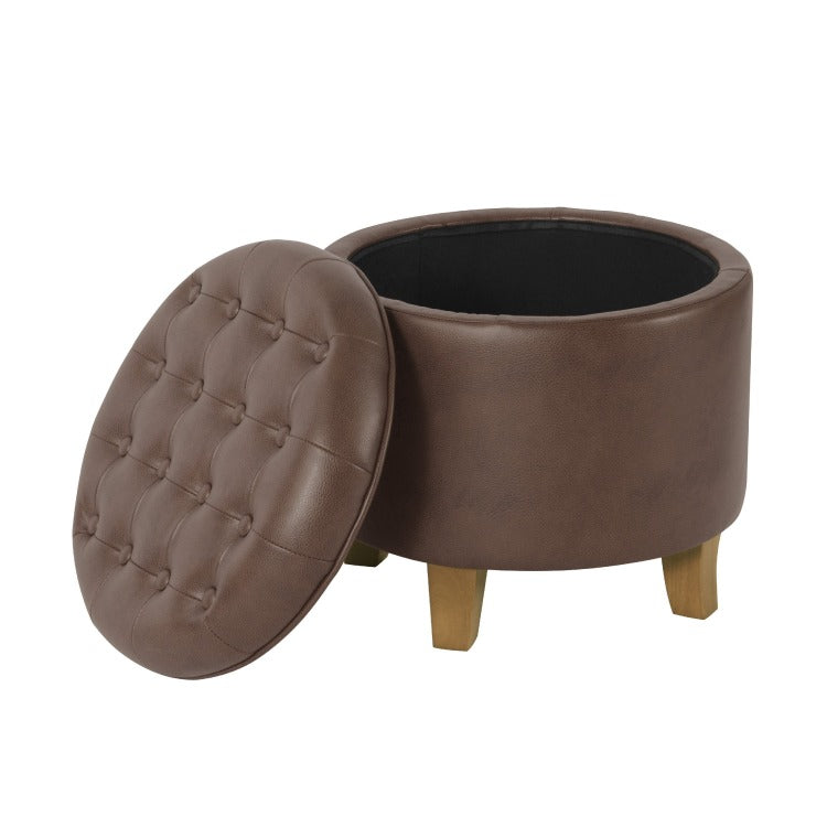 Wes Round Storage Ottoman, Brown Faux Leather, Hardwood, 19 Inch