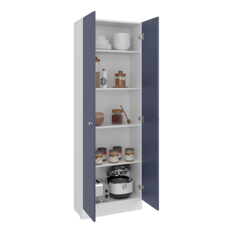 Lambardi Tall Multistorage Cabinet With Double Door, Five Shelves, Freestanding Kitchen Or Laundry Room Storage Cabinet, Navy Blue And White