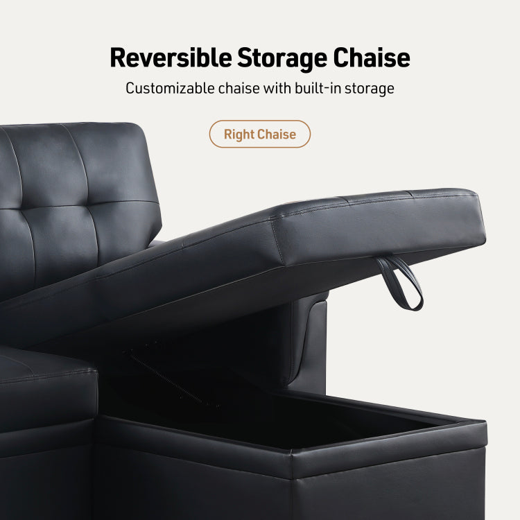 Lucca 84"W Black Vegan Leather Modern Reversible Sleeper Sectional Sofa With Storage Chaise