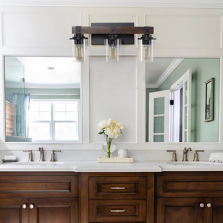 19" Rustic 3 Light Vanity Light, Industrial Bathroom Wall Sconce With Glass Shades And Wood Accent, Modern Farmhouse Lighting Fixture No Bulbs