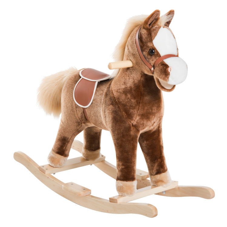 Qaba Kids Rocking Horse, Plush Toddler Rocker, Wooden Base Ride On Toy With Handle Grip, Traditional Toy For Kids 36M , Brown
