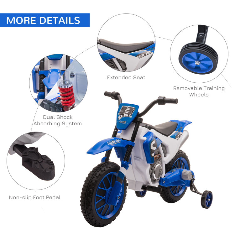 Aosom 12V Kids Motorcycle Dirt Bike Electric Battery Powered Ride On Toy Off Road Street Bike With Charging Battery, Training Wheels Blue