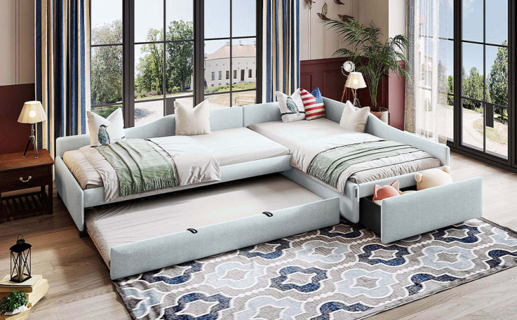 Upholstered Double Twin Size Daybed With Trundle And Drawer, Beige
