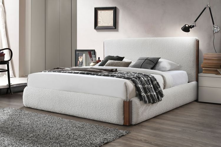 Sandro White Boucle & Walnut Finish Ek Bed
