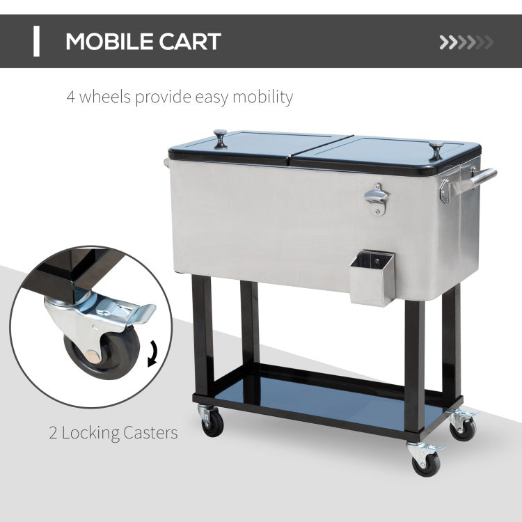 Outsunny 80 Qt Rolling Cooling Bins Ice Chest On Wheels Outdoor Stand Up Drink Cooler Cart For Party, Silver