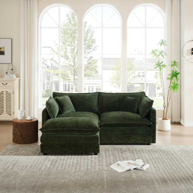 Chenille Two Seater Sofa With 1 Footrest, 2 Seater L Shaped Sectional With Ottoman,Loveseat With Ottoman For Small Living Space, Green Chenille
