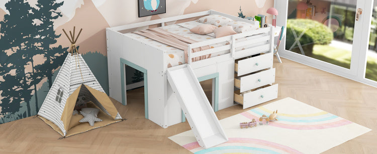Full Size Low Loft Bed With Slide,Three Storage Drawers And Two Doors,White