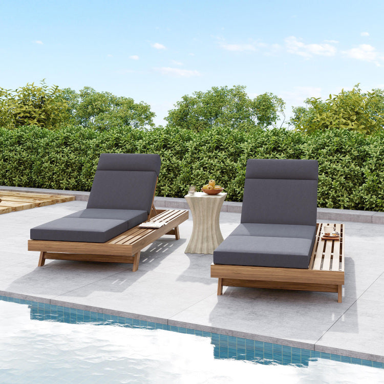 Lounge Chaise Set With Headrest, Space Available On One Side, Acacia Wood In Light Brown With Water Resistant Lounge Cushions Dark Grey & 3 Fold & 4 Inch Matching Cream Beige Version Available