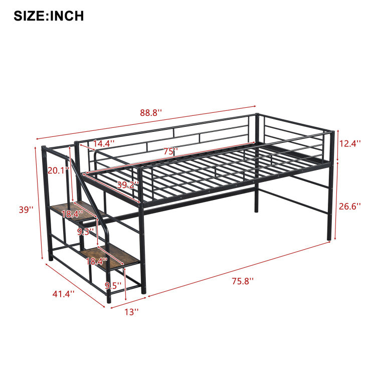 Mid Loft Bed With Storage Stairs, Twin, Black