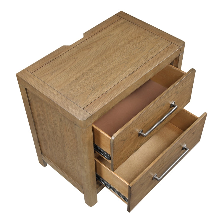 Light Brown Finish 2 Drawer Nightstand With Power Outlets Usb Ports Modern Bedroom Furniture 1Pc Bedside Table
