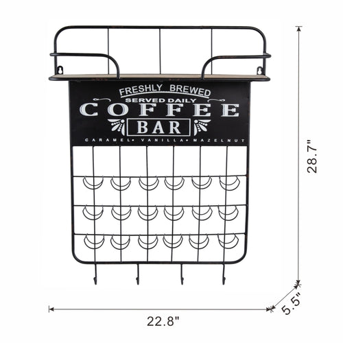 22.8X5.5X28.7" Black Floating Coffee Bar Shelf With Coffee Pod Holder, Hooks And Storage Shelf