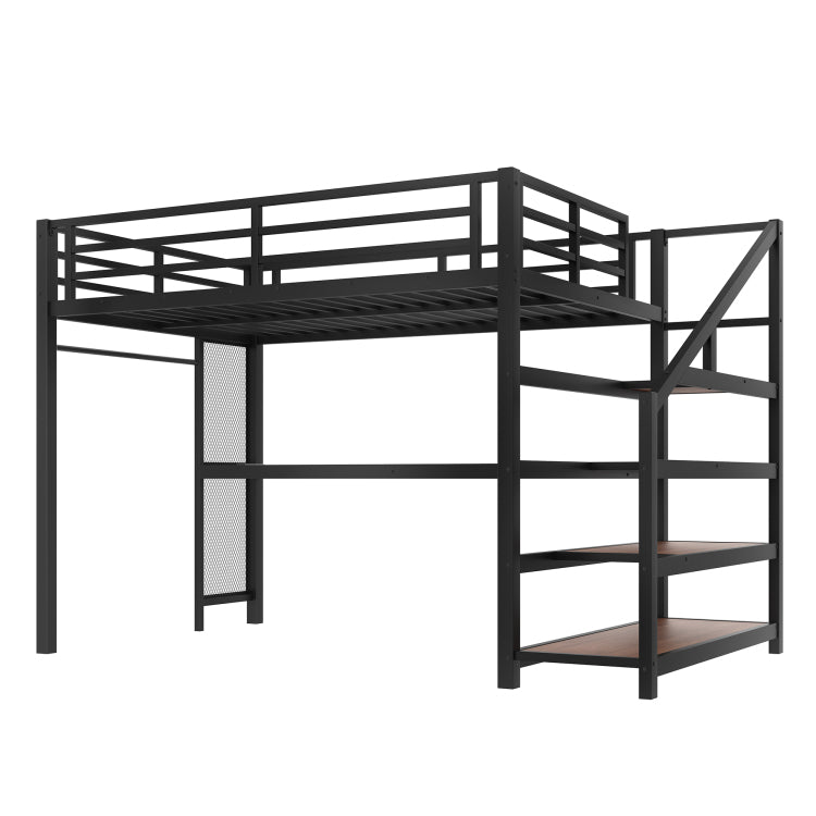 Full Loft Bed With Desk And Storage Stairs, Metal Loft Beds With Led Lights, Usb Ports, Multifunctional Iron Nets, No Spring Box Needed And Noise Free, Black